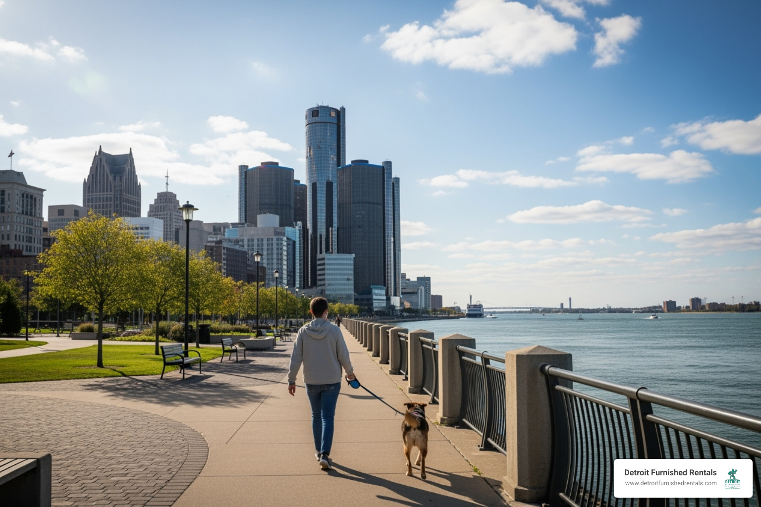 A person walking their dog along the Detroit Riverwalk with the Detroit skyline in the background - Pet friendly lofts Detroit