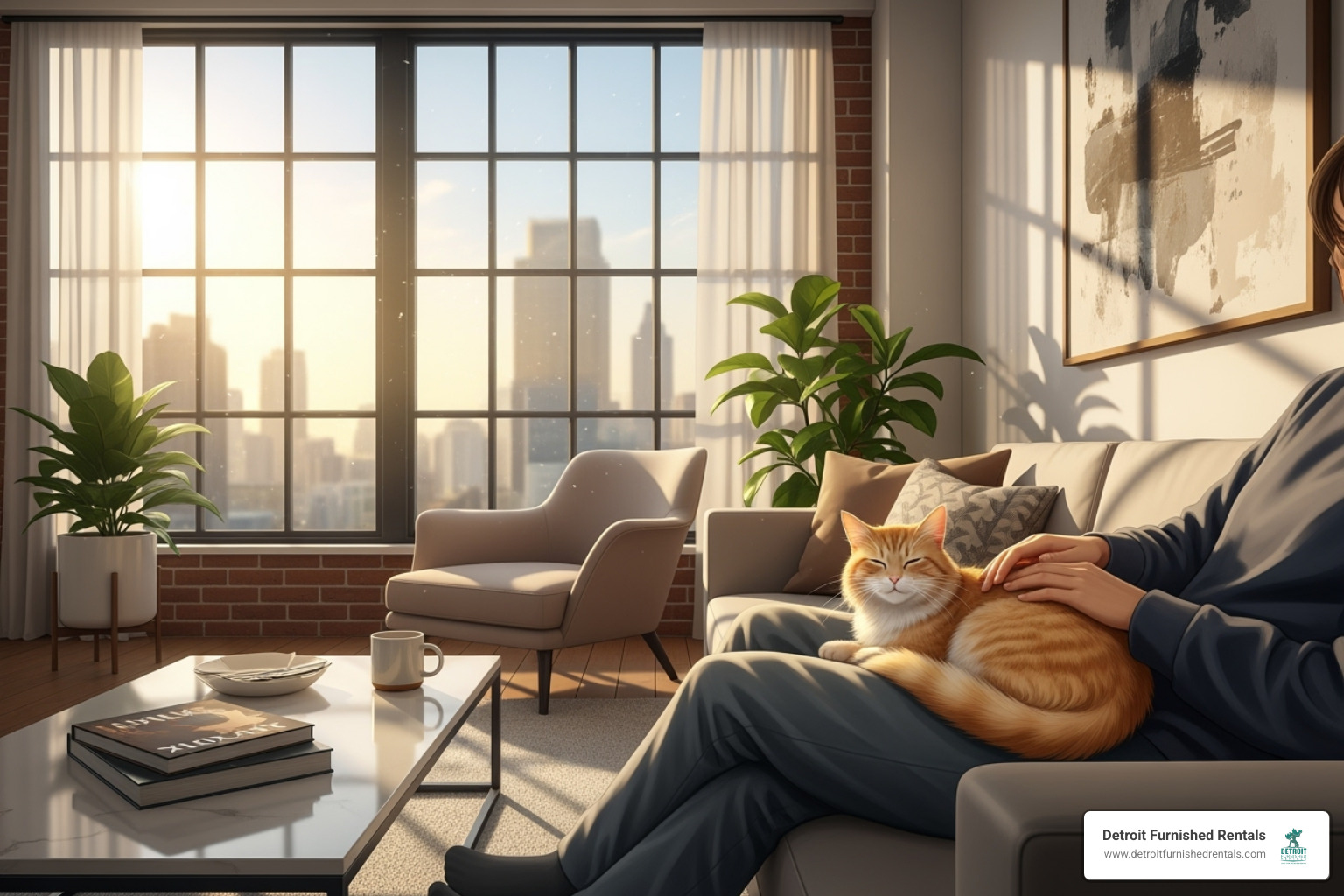 A person and their cat relaxing in a sunlit loft living room - Pet friendly lofts Detroit