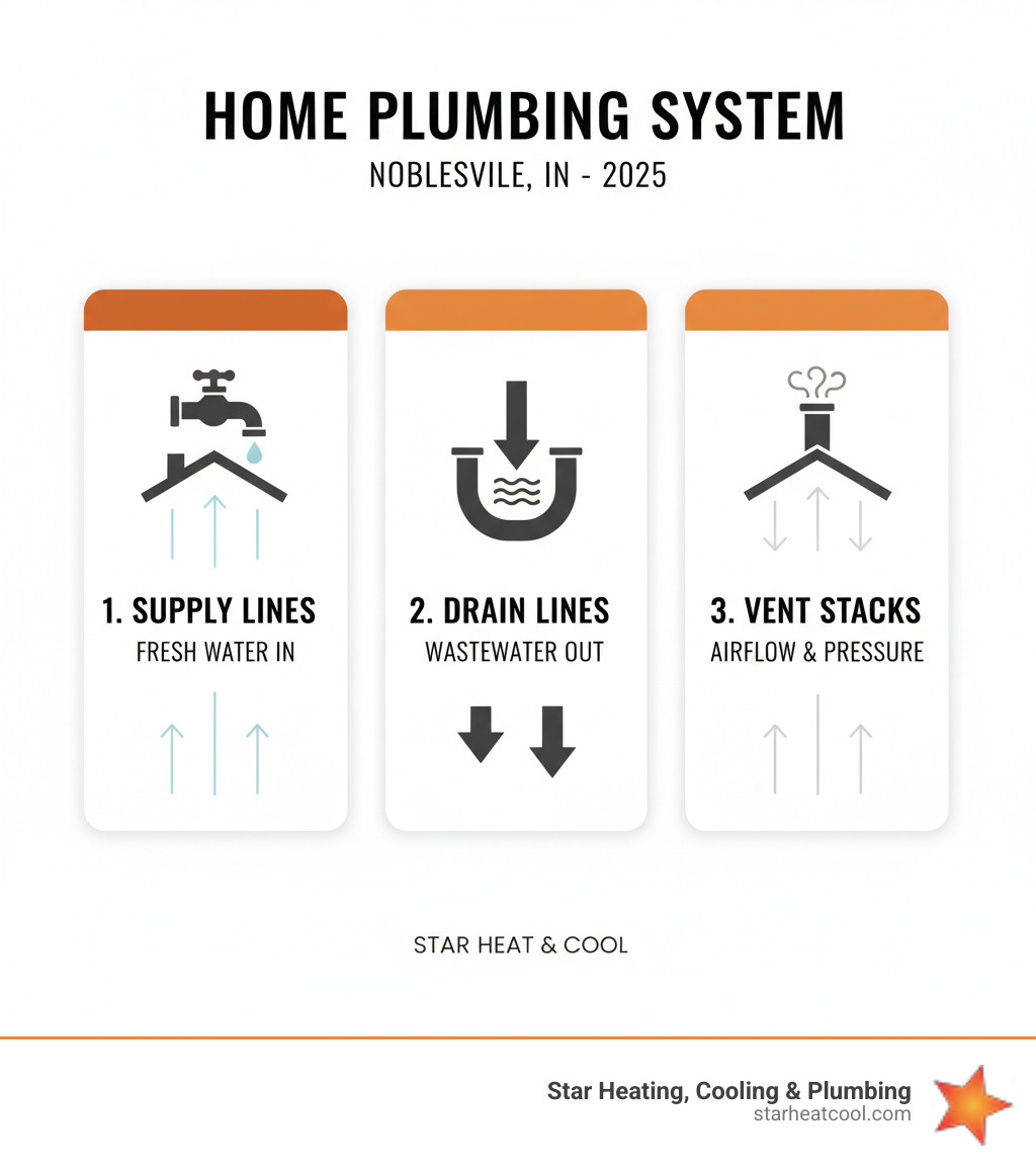Infographic showing the three main components of a home plumbing system: supply lines bringing fresh water in, drain lines removing wastewater, and vent stacks allowing proper air flow and pressure regulation - new plumbing installation in noblesville in infographic Infographic showing the three main components of a home plumbing system: supply lines bringing fresh water in, drain lines removing wastewater, and vent stacks allowing proper air flow and pressure regulation - new plumbing installation in noblesville in infographic