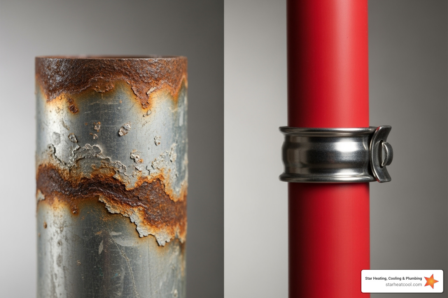 Old corroded galvanized pipe next to a new, clean PEX pipe - new plumbing installation in noblesville in Old corroded galvanized pipe next to a new, clean PEX pipe - new plumbing installation in noblesville in