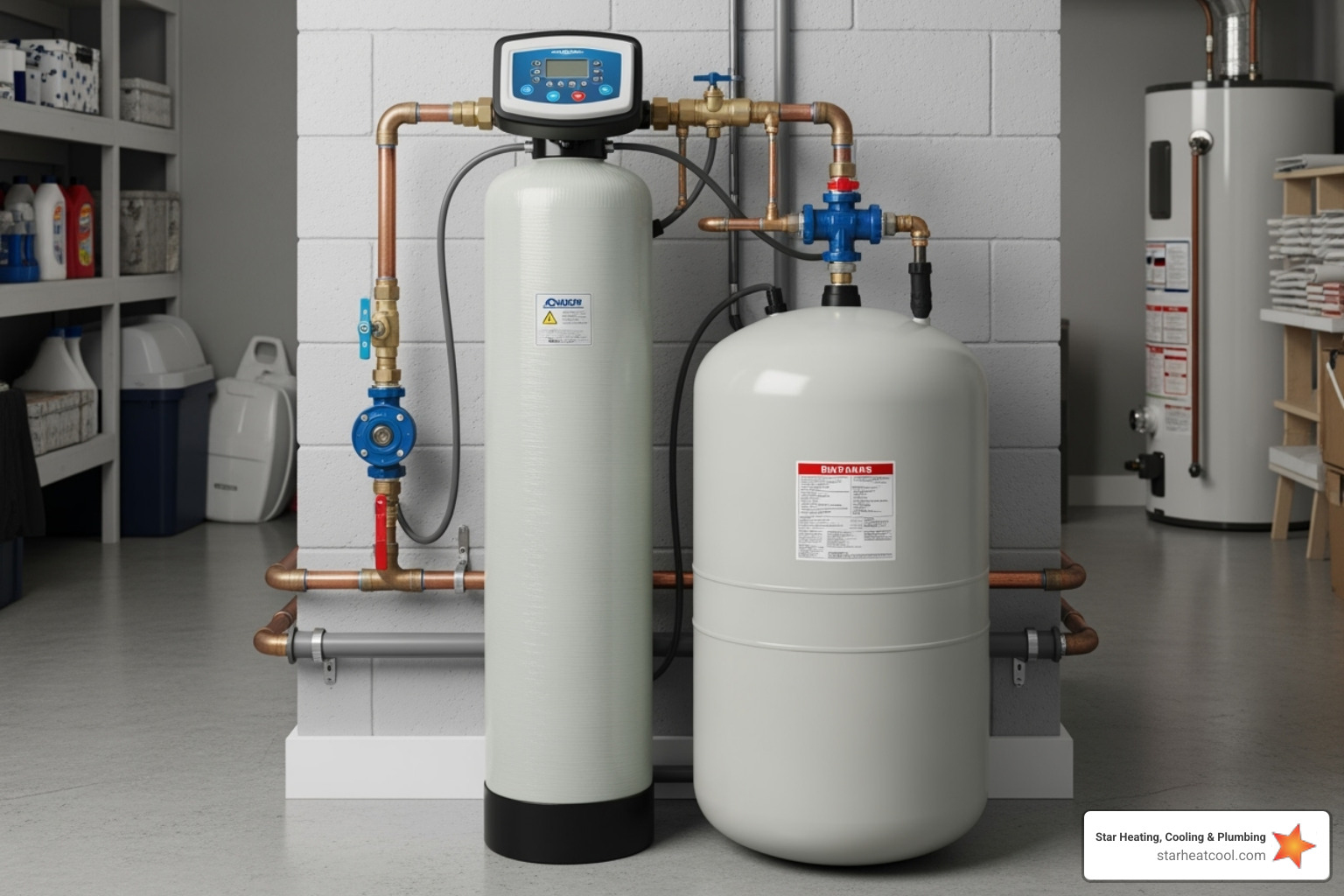 A whole-home water softener system installed in a utility room, showing its connection to the main water line - new plumbing installation in noblesville in A whole-home water softener system installed in a utility room, showing its connection to the main water line - new plumbing installation in noblesville in