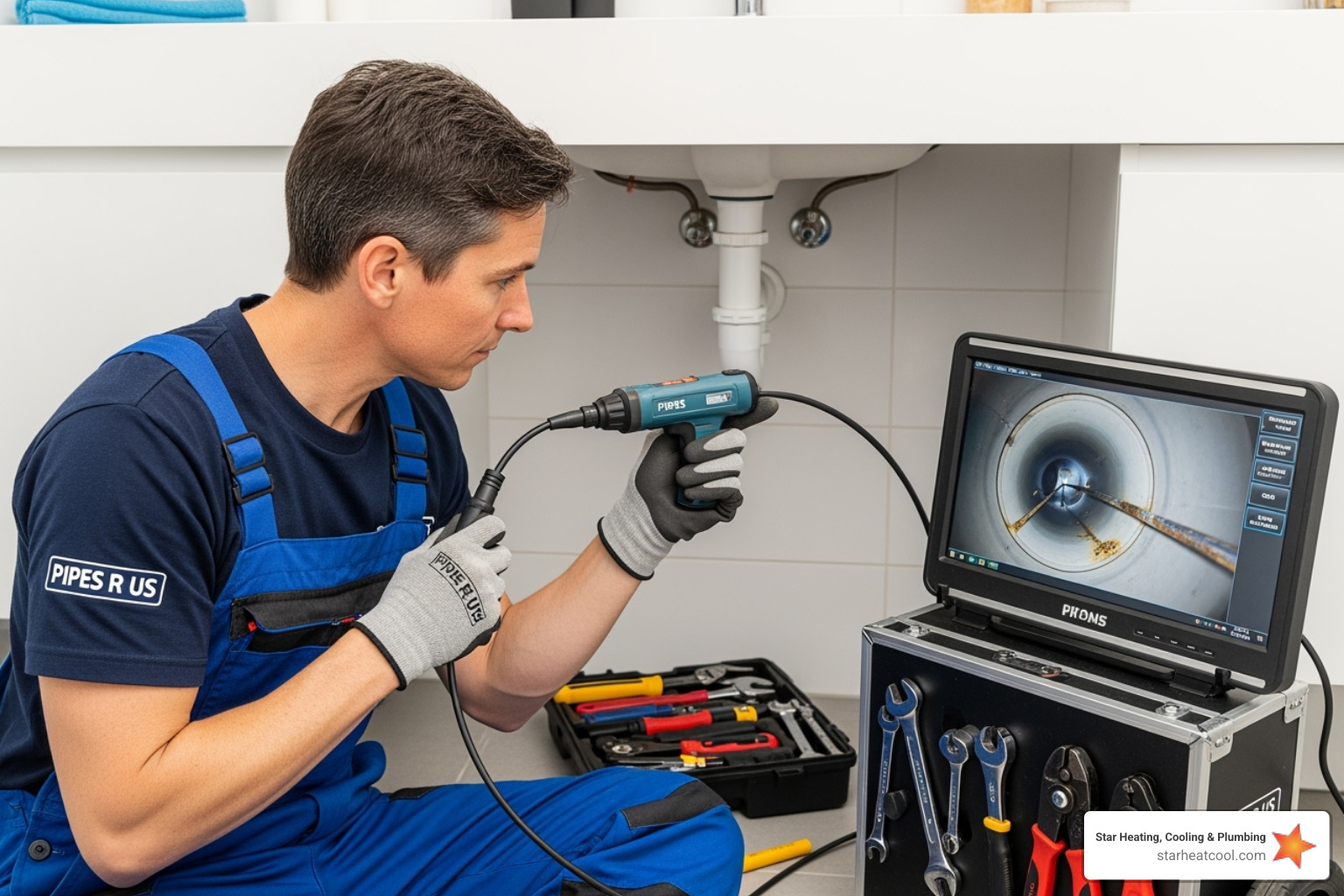 Plumber using a video camera inspection tool in a drain to diagnose issues - high-end plumbing service in carmel in