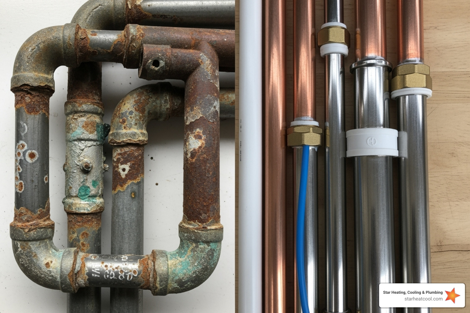 Corroded, old pipes next to new, clean pipes - new plumbing installation in broad ripple in