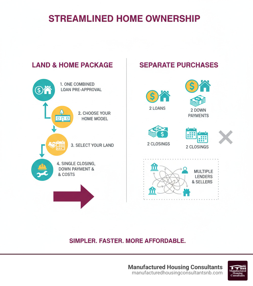 Infographic showing the streamlined land and home package process: Step 1 - Get pre-approved for one combined loan. Step 2 - Choose your manufactured home model. Step 3 - Select or use your land. Step 4 - One closing with single down payment and closing costs. Step 5 - Site preparation and home installation. Compare this to separate purchases requiring two loans, two down payments, two closings, and coordination between multiple lenders and sellers. - trailer and land packages near me infographic Infographic showing the streamlined land and home package process: Step 1 - Get pre-approved for one combined loan. Step 2 - Choose your manufactured home model. Step 3 - Select or use your land. Step 4 - One closing with single down payment and closing costs. Step 5 - Site preparation and home installation. Compare this to separate purchases requiring two loans, two down payments, two closings, and coordination between multiple lenders and sellers. - trailer and land packages near me infographic