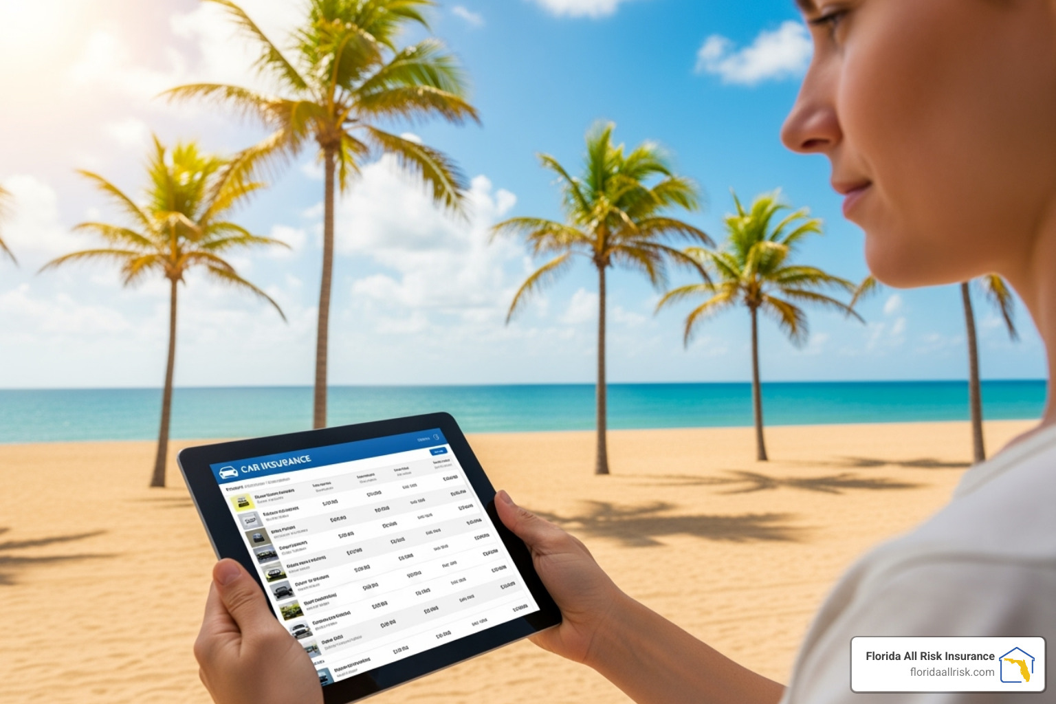 A person comparing car insurance options on a tablet with a background featuring a sunny Florida beach and palm trees. - temporary car insurance Florida