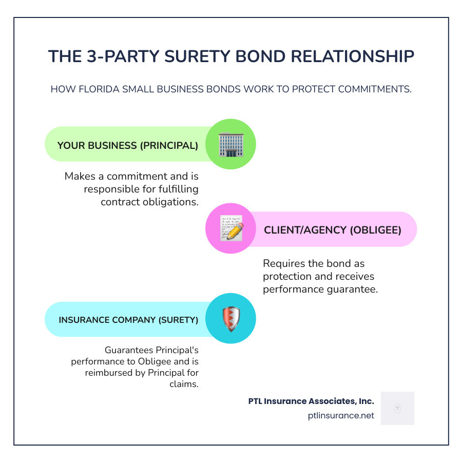 Infographic showing the three-party relationship in a surety bond: Principal (your Florida small business) makes a commitment, Obligee (client or agency) requires the bond, and Surety (insurance company) guarantees performance. Arrows show money flow if claim occurs: Surety pays Obligee, then Principal reimburses Surety. - Florida small business bonds infographic infographic-line-3-steps-colors Infographic showing the three-party relationship in a surety bond: Principal (your Florida small business) makes a commitment, Obligee (client or agency) requires the bond, and Surety (insurance company) guarantees performance. Arrows show money flow if claim occurs: Surety pays Obligee, then Principal reimburses Surety. - Florida small business bonds infographic infographic-line-3-steps-colors