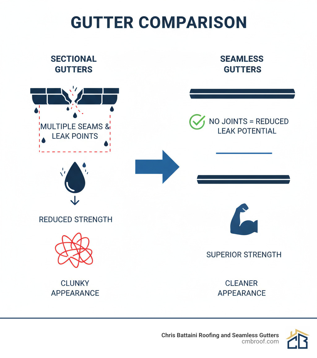 Infographic comparing sectional gutters with multiple seams and leak points to seamless gutters showing a single continuous piece with no joints, highlighting reduced leak potential, superior strength, and cleaner appearance - Seamless gutters Manchester VT infographic 