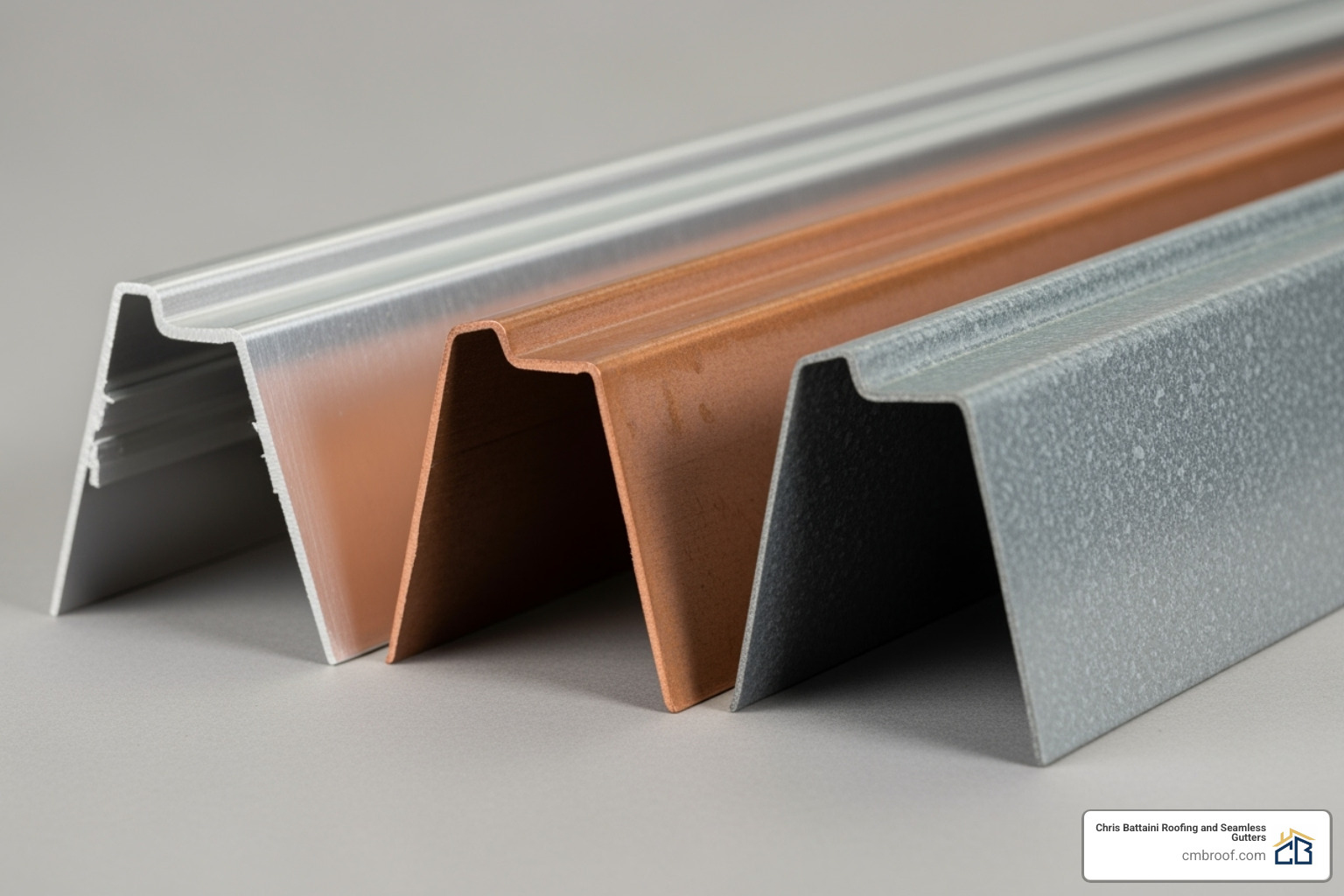 Samples of aluminum, copper, and galvalume seamless gutters - Seamless gutters Manchester VT