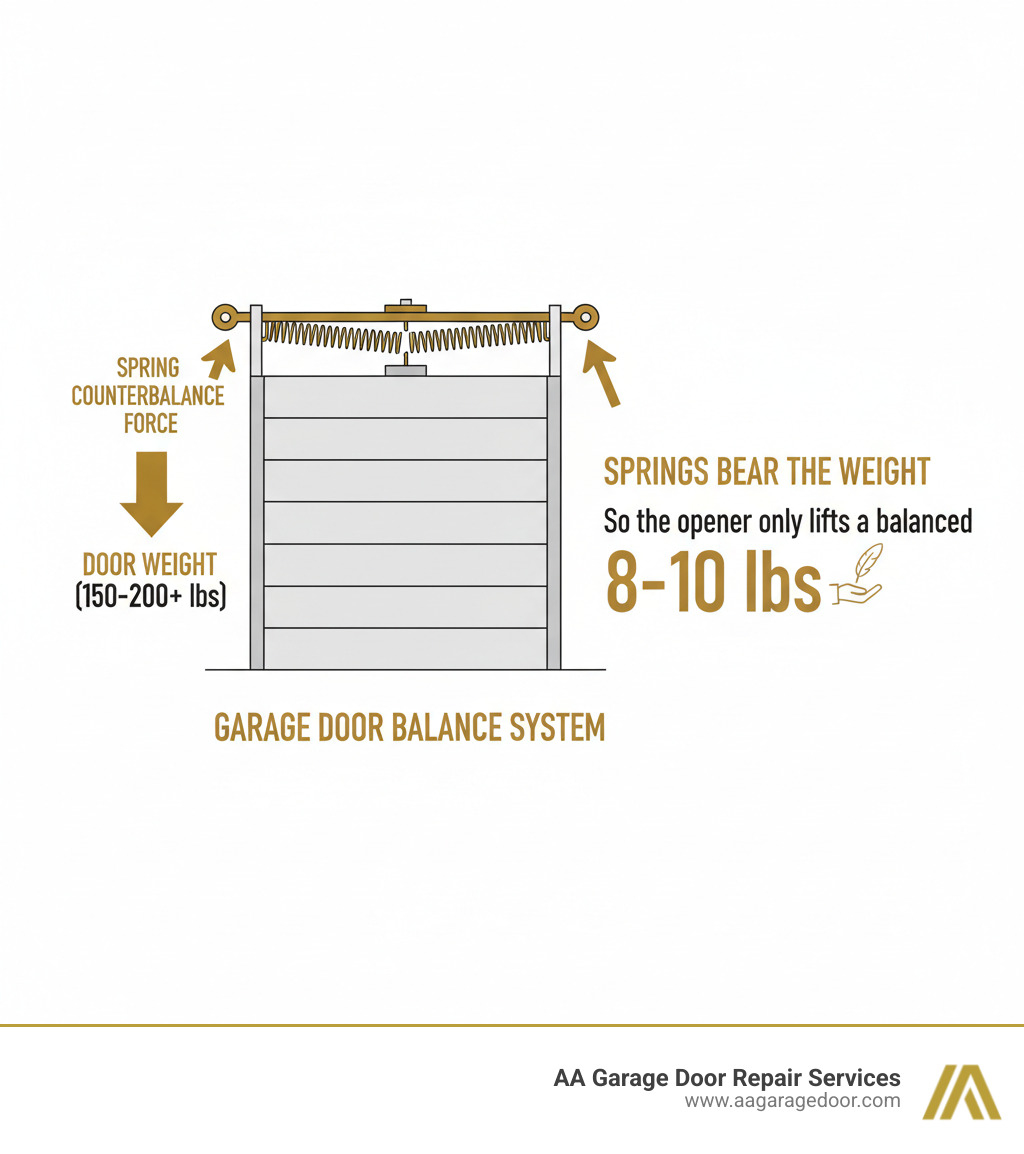 Infographic showing how garage door springs counterbalance door weight: A diagram illustrating a garage door cross-section with torsion springs mounted above the door, arrows indicating the door's downward weight force versus the upward counterbalance force from the springs, and text showing that springs bear 150-200+ pounds so the opener only needs to move a balanced 8-10 pound door - garage door spring issues infographic 