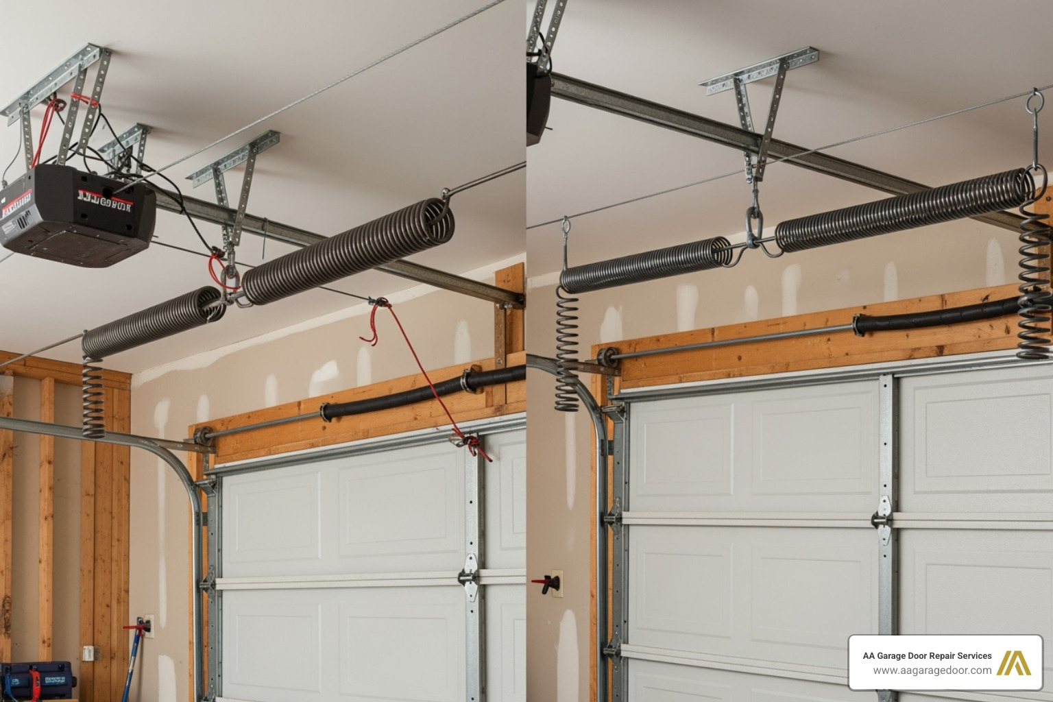 side-by-side comparison of a torsion spring mounted above the door and an extension spring running along the side track. - garage door spring issues