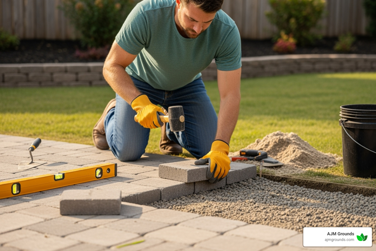 Homeowner working on a DIY paver patio project - Paver patio installation cost