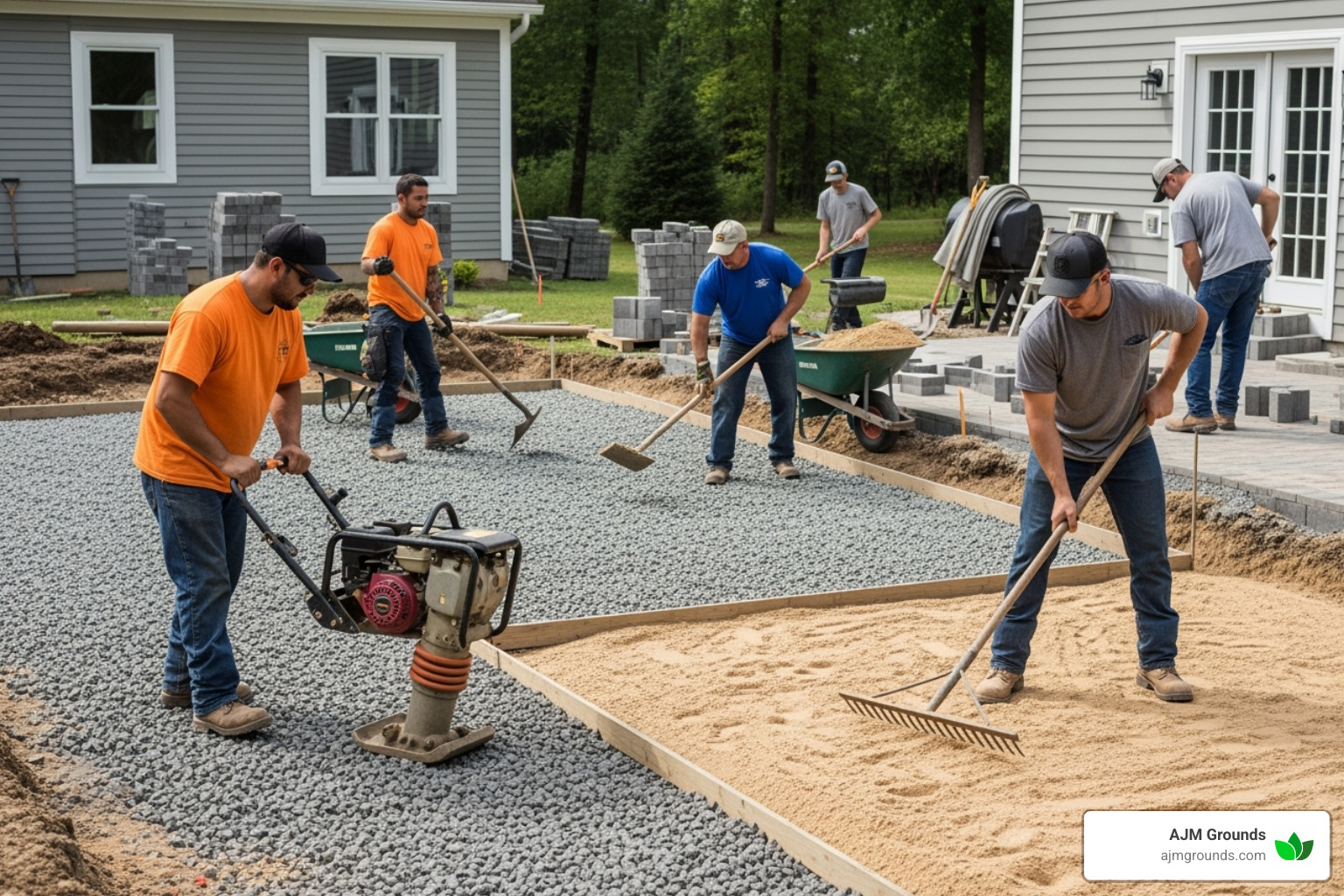 Professional crew installing a paver patio base - Paver patio installation cost