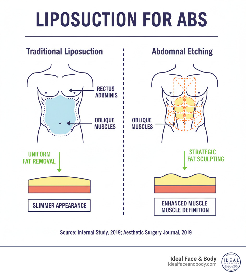 infographic showing the difference between traditional liposuction removing fat uniformly across the abdomen versus abdominal etching strategically removing fat in vertical and horizontal patterns to reveal muscle definition, with labeled anatomical markers for rectus abdominis and oblique muscles - liposuction for abs infographic 