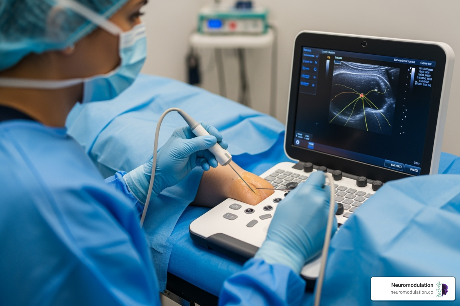 Anesthesiologist using an ultrasound machine to guide a needle for a peripheral nerve block - Continuous peripheral nerve block