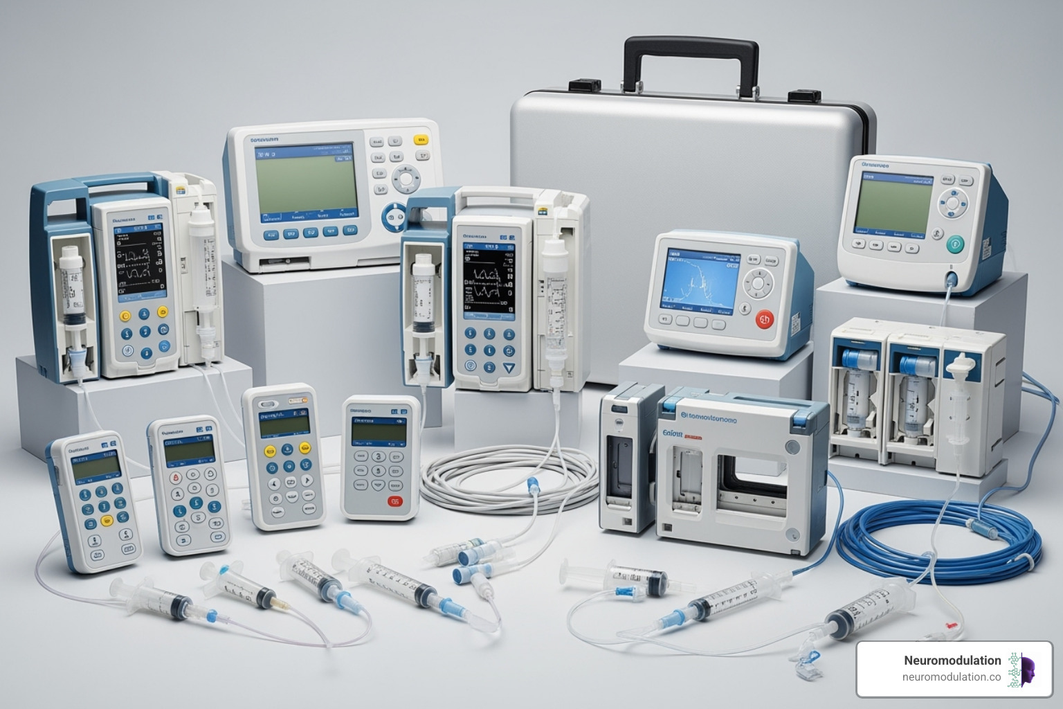 Illustration of various portable infusion pumps used for continuous peripheral nerve blocks, showing different sizes, interfaces, and mechanisms - Continuous peripheral nerve block