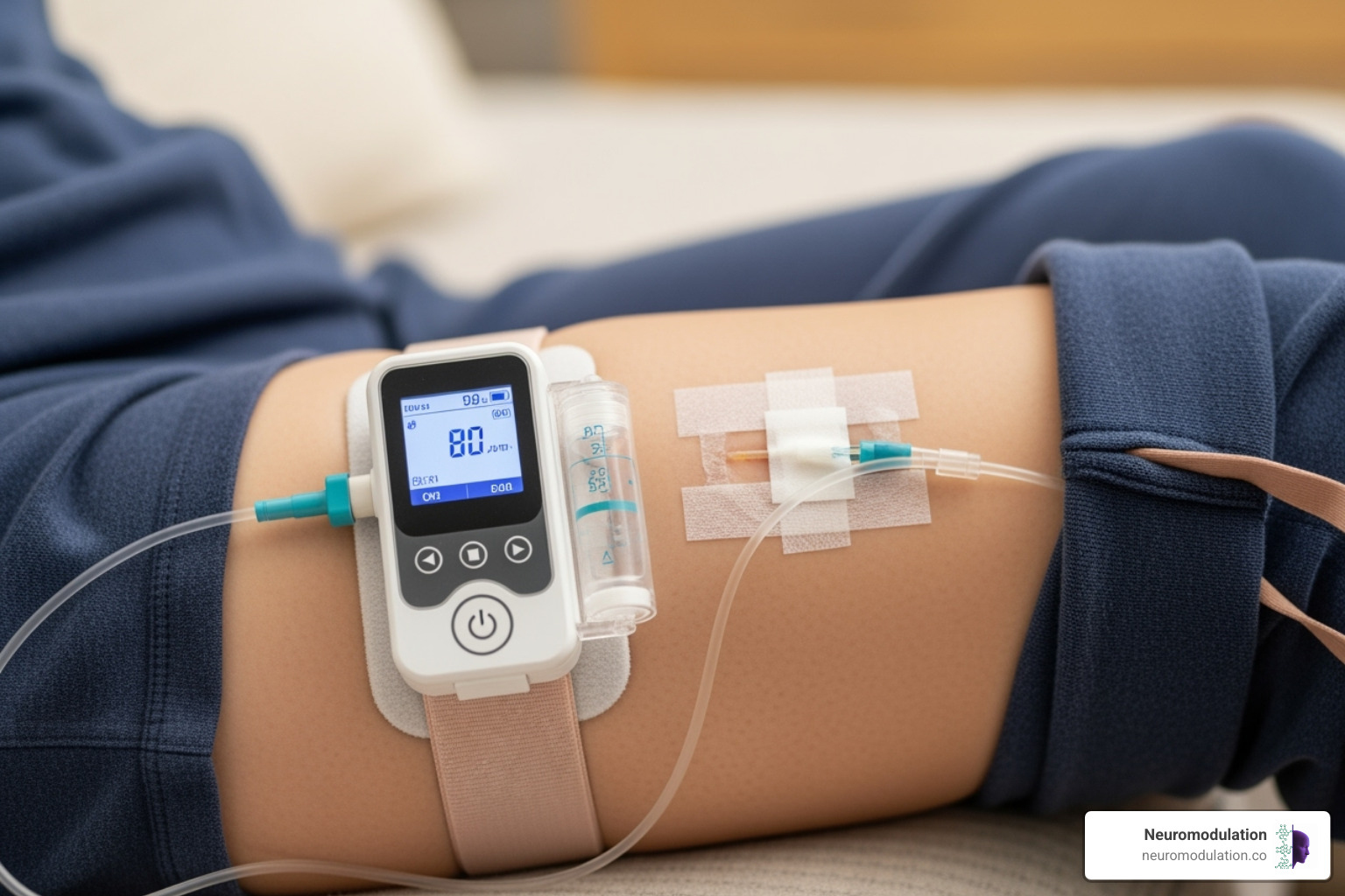 Patient with a portable infusion pump and secured catheter on their leg - Continuous peripheral nerve block
