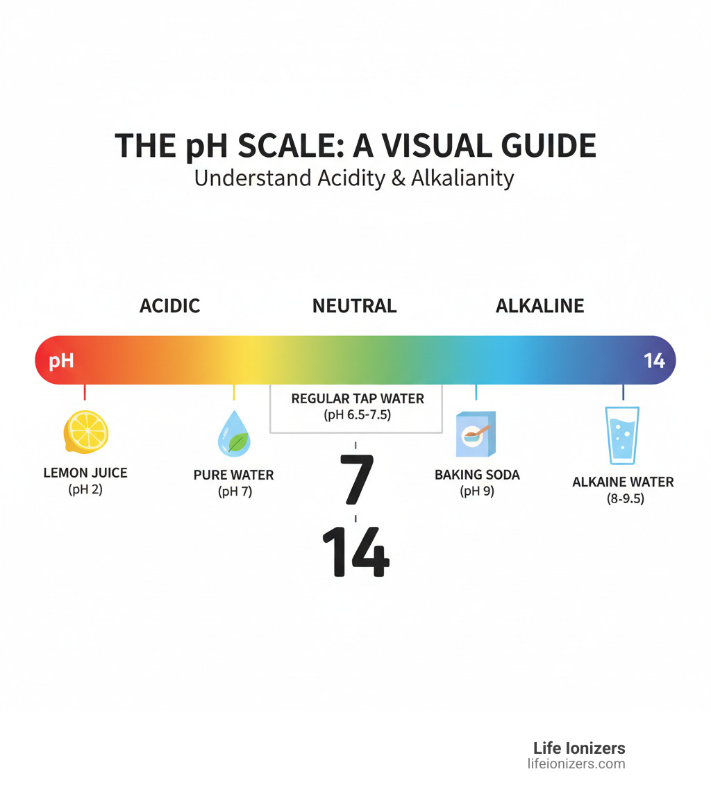 infographic showing the pH scale from 0 to 14, marking acidic substances like lemon juice at pH 2, neutral pure water at pH 7, baking soda at pH 9, and alkaline water typically ranging from pH 8 to 9.5, with regular tap water usually between pH 6.5 and 7.5 - health benefits of alkaline water infographic 