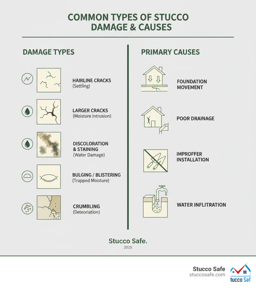 Infographic showing common types of stucco damage including hairline cracks from settling, larger cracks from moisture intrusion, discoloration and staining from water damage, bulging or blistering from trapped moisture, and crumbling stucco from deterioration, along with their primary causes such as foundation movement, poor drainage, improper installation, and water infiltration - how to fix stucco exterior walls infographic 