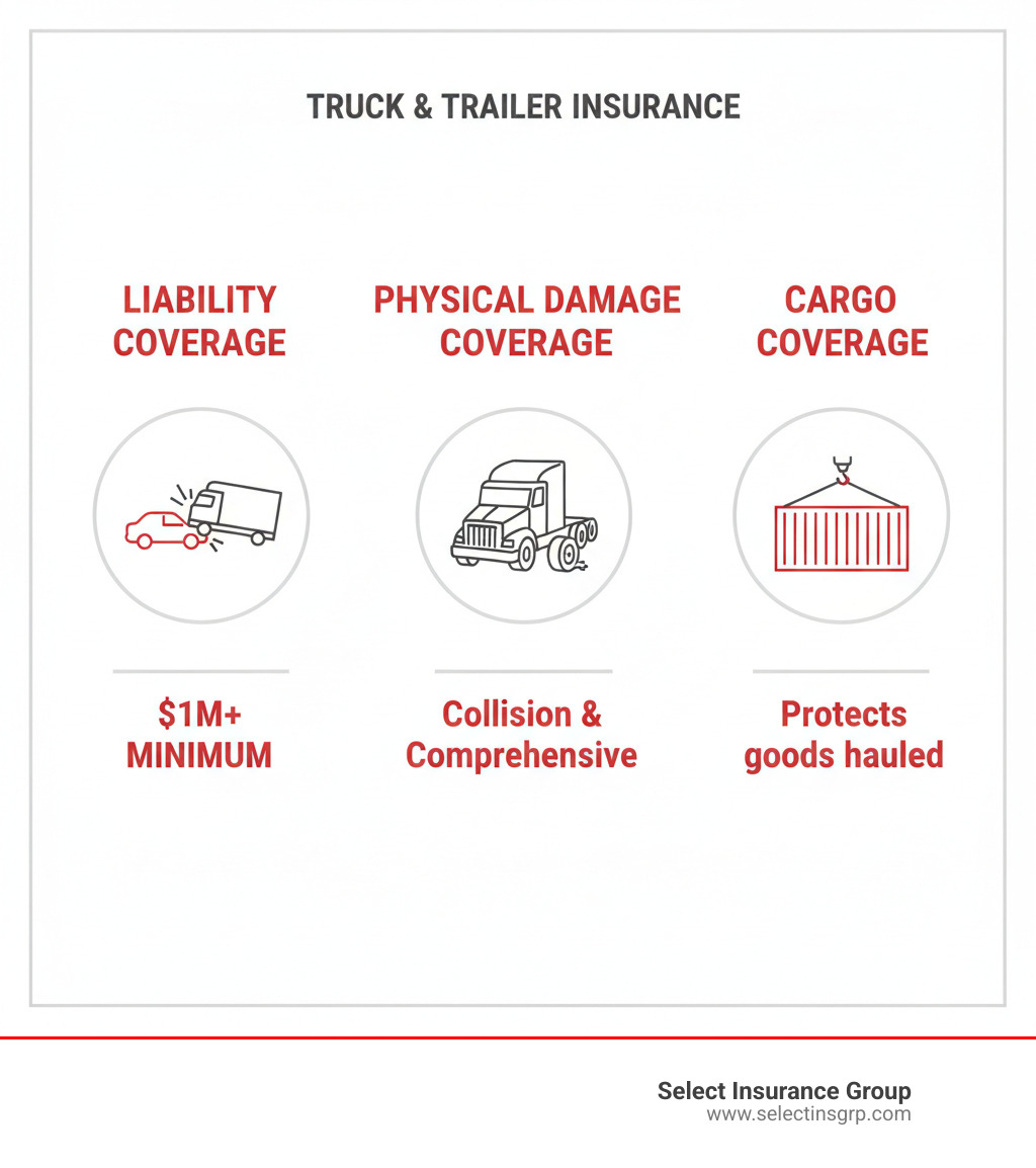 Infographic showing three pillars: 1) Liability Coverage with icon of two vehicles colliding and "$1M+ minimum" text, 2) Physical Damage Coverage with icon of damaged truck and "Collision & Comprehensive" text, 3) Cargo Coverage with icon of freight load and "Protects goods hauled" text - truck and trailer insurance infographic 
