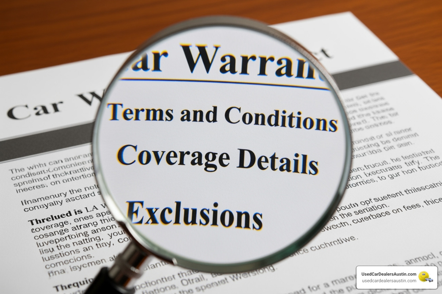 magnifying glass over car warranty contract - laws in texas for extended warranties on cars