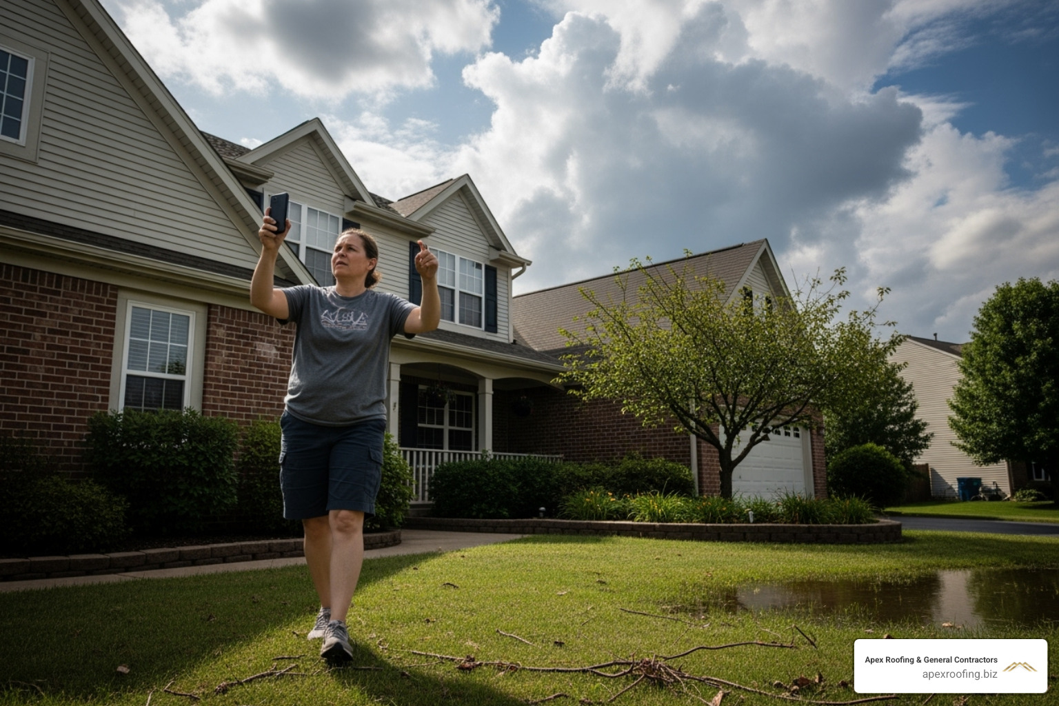 homeowner safely walking around their house, pointing a smartphone camera up at the roofline to document damage - free storm damage roof inspection homeowner safely walking around their house, pointing a smartphone camera up at the roofline to document damage - free storm damage roof inspection