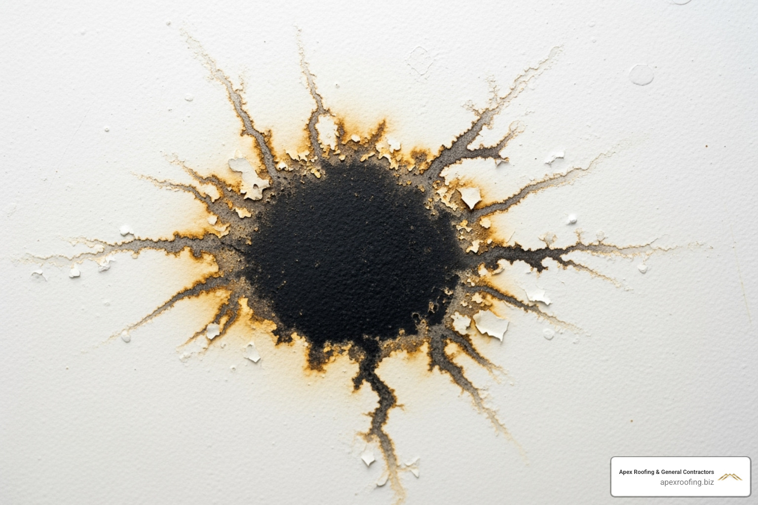 dark water stain spreading across a white ceiling, illustrating the consequences of an ignored roof leak - free storm damage roof inspection dark water stain spreading across a white ceiling, illustrating the consequences of an ignored roof leak - free storm damage roof inspection