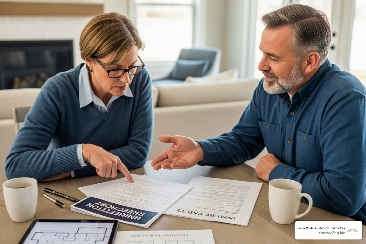 homeowner reviewing an inspection report with a contractor, with an insurance document visible on the table - free storm damage roof inspection homeowner reviewing an inspection report with a contractor, with an insurance document visible on the table - free storm damage roof inspection
