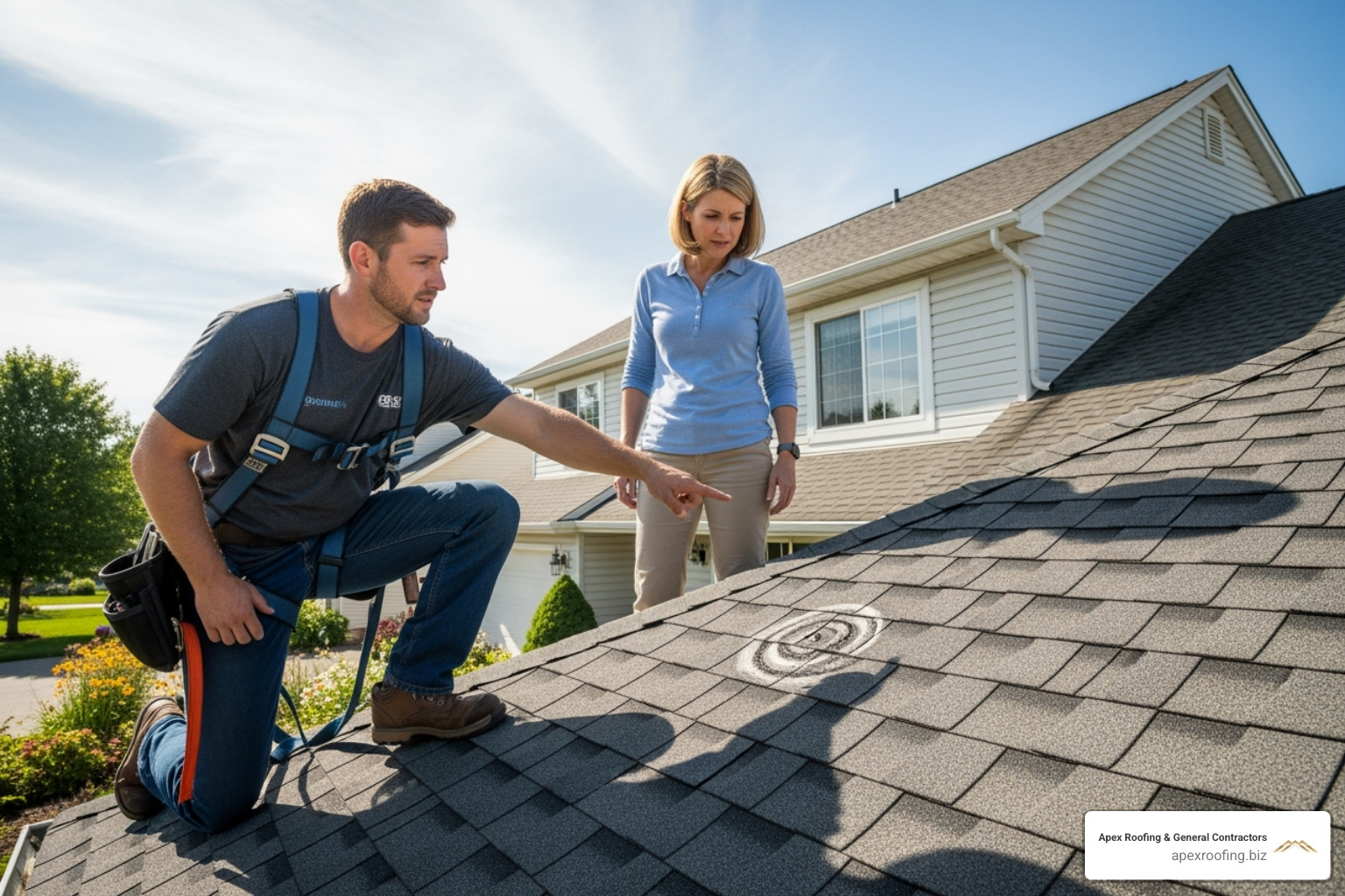 professional roofer in uniform pointing out a specific point of hail damage on a shingle to a homeowner - free storm damage roof inspection professional roofer in uniform pointing out a specific point of hail damage on a shingle to a homeowner - free storm damage roof inspection