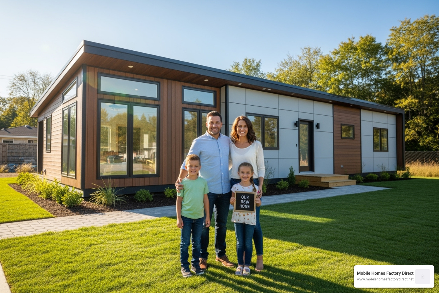 happy family standing in front of their new modular home - what is a modular home