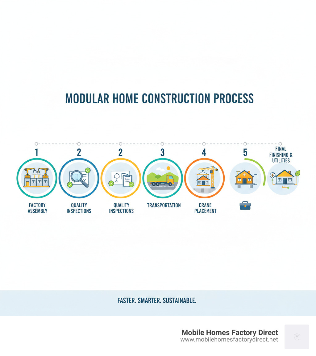 Infographic showing the modular home construction process: factory assembly of sections, quality inspections, transportation to site, crane placement on permanent foundation, and final finishing work with utility connections - what is a modular home infographic 