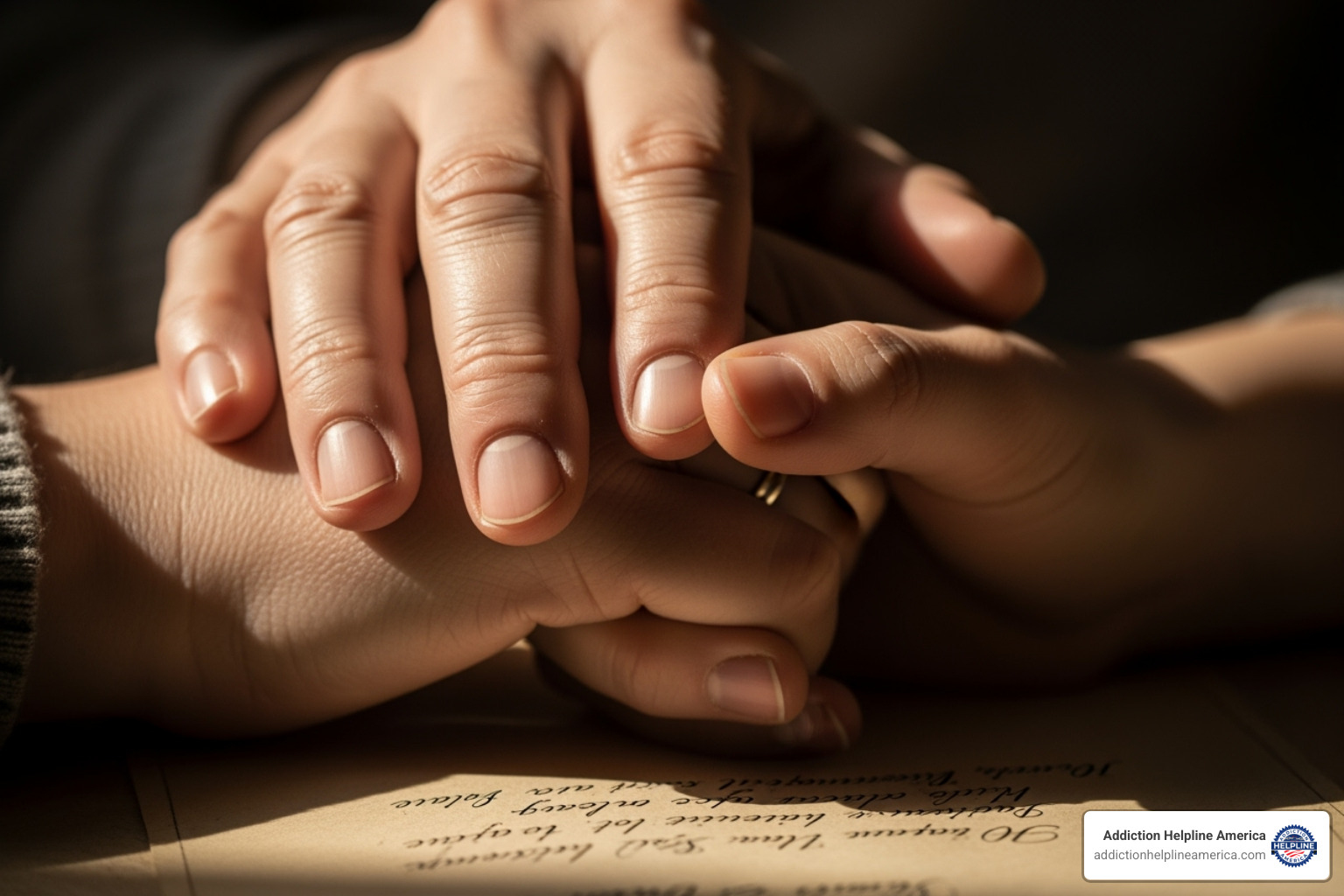 A close-up image of two hands, one gently holding the other, over a piece of paper that appears to be a letter. The focus is on the warmth and connection of the hands, symbolizing empathy and support during a difficult conversation. - Family drug intervention A close-up image of two hands, one gently holding the other, over a piece of paper that appears to be a letter. The focus is on the warmth and connection of the hands, symbolizing empathy and support during a difficult conversation. - Family drug intervention