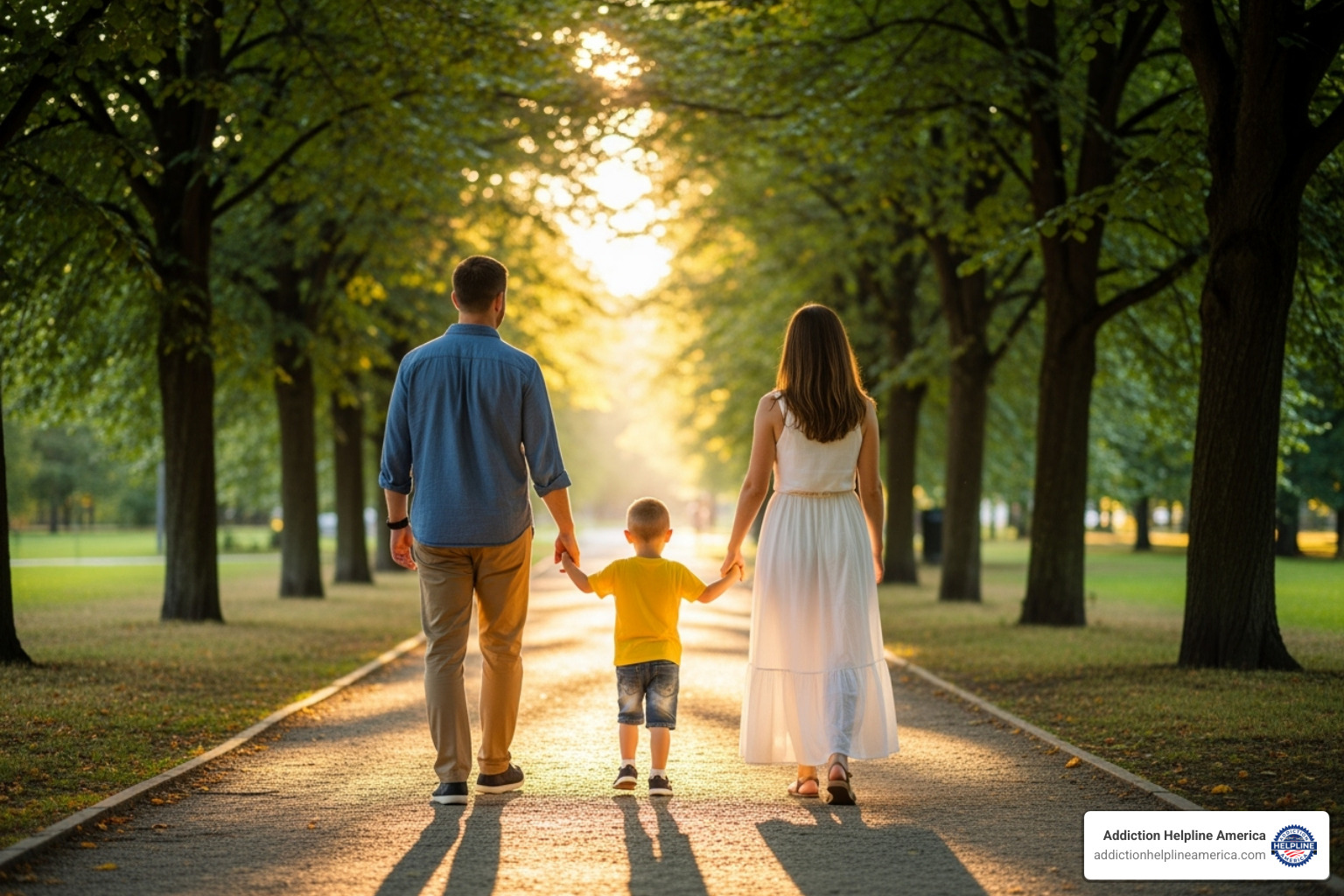 A family of three (two adults and a child) walks hand-in-hand through a sunlit park, their backs to the viewer. They are moving forward together, symbolizing healing, unity, and a new beginning after a difficult journey. - Family drug intervention A family of three (two adults and a child) walks hand-in-hand through a sunlit park, their backs to the viewer. They are moving forward together, symbolizing healing, unity, and a new beginning after a difficult journey. - Family drug intervention