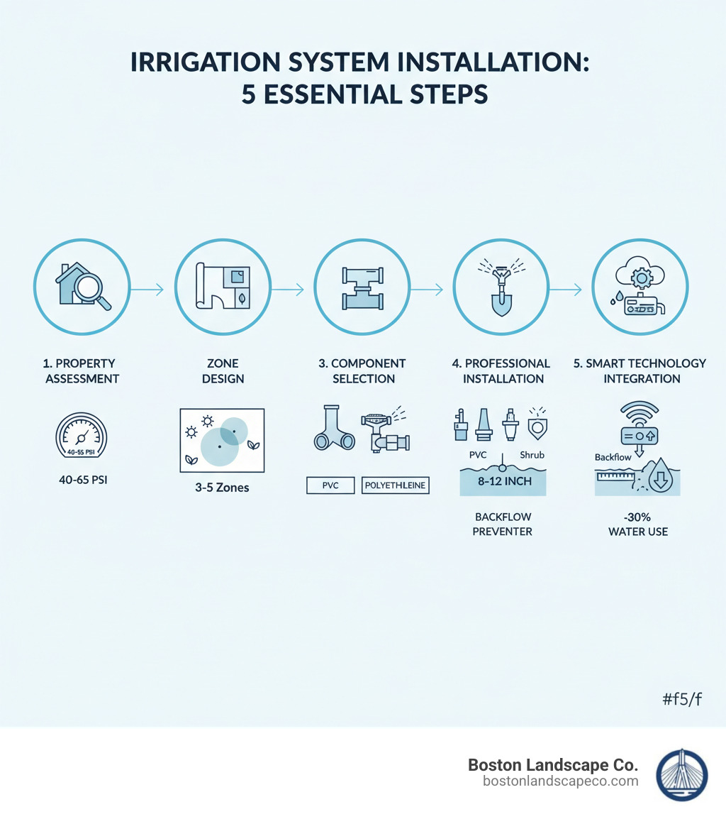 Detailed infographic showing the 5 essential steps to install irrigation system: 1) Property Assessment with water pressure gauge showing 40-65 PSI requirement, 2) Zone Design showing typical 3-5 zones for quarter-acre property with sun/shade patterns, 3) Component Selection displaying PVC vs polyethylene pipes and various sprinkler head types, 4) Professional Installation showing 8-12 inch trench depth and backflow preventer placement, 5) Smart Technology Integration with weather-based controller and sensors that reduce water use by 30% - install irrigation system infographic Detailed infographic showing the 5 essential steps to install irrigation system: 1) Property Assessment with water pressure gauge showing 40-65 PSI requirement, 2) Zone Design showing typical 3-5 zones for quarter-acre property with sun/shade patterns, 3) Component Selection displaying PVC vs polyethylene pipes and various sprinkler head types, 4) Professional Installation showing 8-12 inch trench depth and backflow preventer placement, 5) Smart Technology Integration with weather-based controller and sensors that reduce water use by 30% - install irrigation system infographic