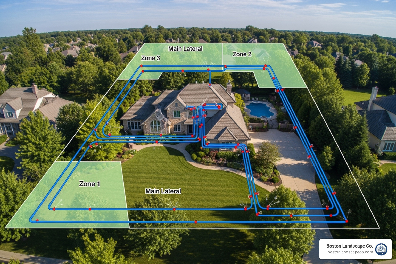 detailed irrigation system blueprint overlaid on an aerial view of a property - install irrigation system detailed irrigation system blueprint overlaid on an aerial view of a property - install irrigation system