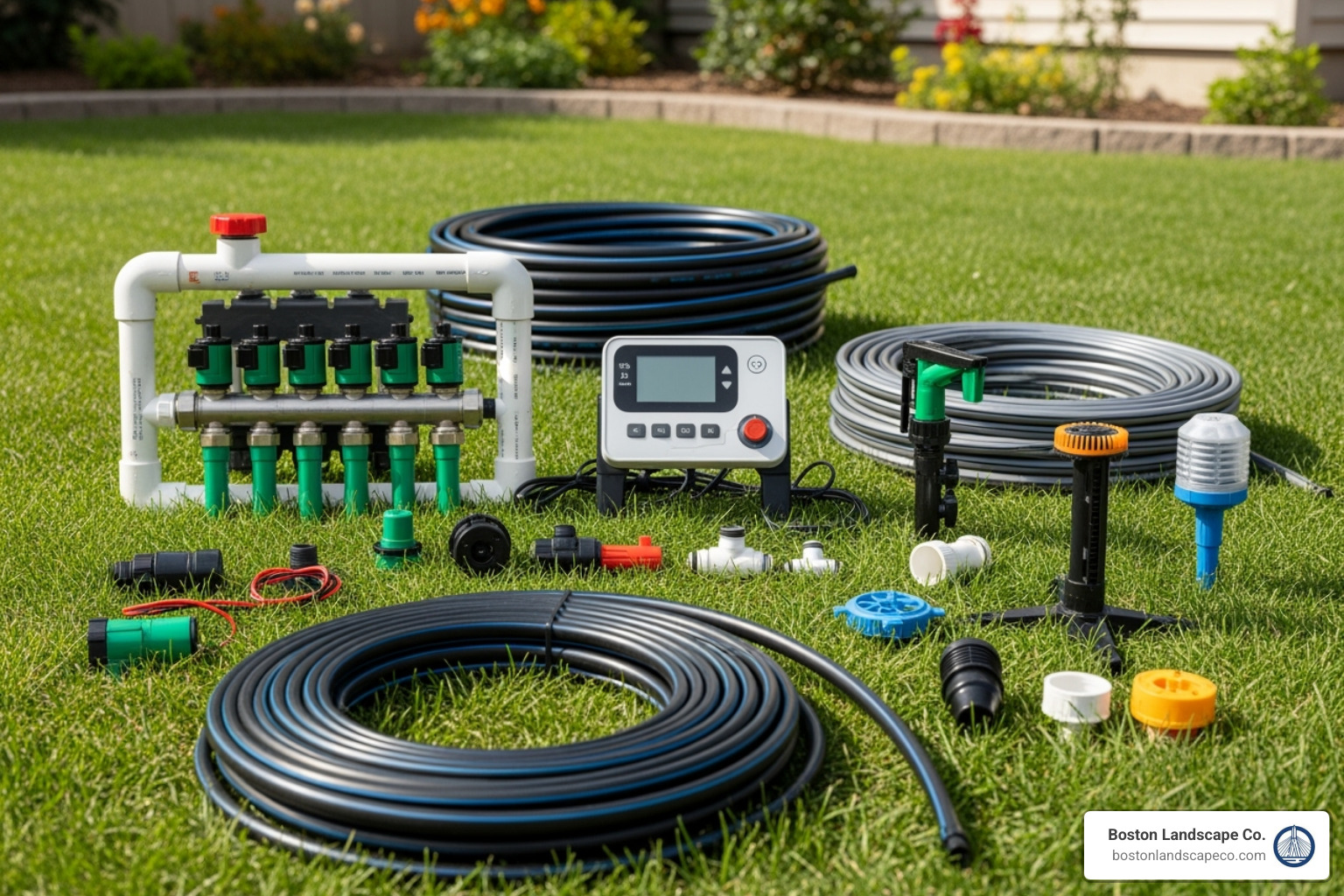 essential irrigation system components laid out on a lawn: a smart controller, a valve manifold, various sprinkler heads, and rolls of pipe - install irrigation system essential irrigation system components laid out on a lawn: a smart controller, a valve manifold, various sprinkler heads, and rolls of pipe - install irrigation system