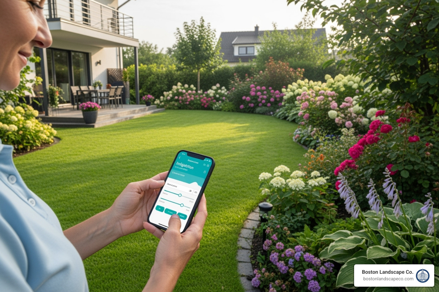 homeowner adjusting their irrigation schedule on a smartphone app with a lush garden in the background - install irrigation system homeowner adjusting their irrigation schedule on a smartphone app with a lush garden in the background - install irrigation system