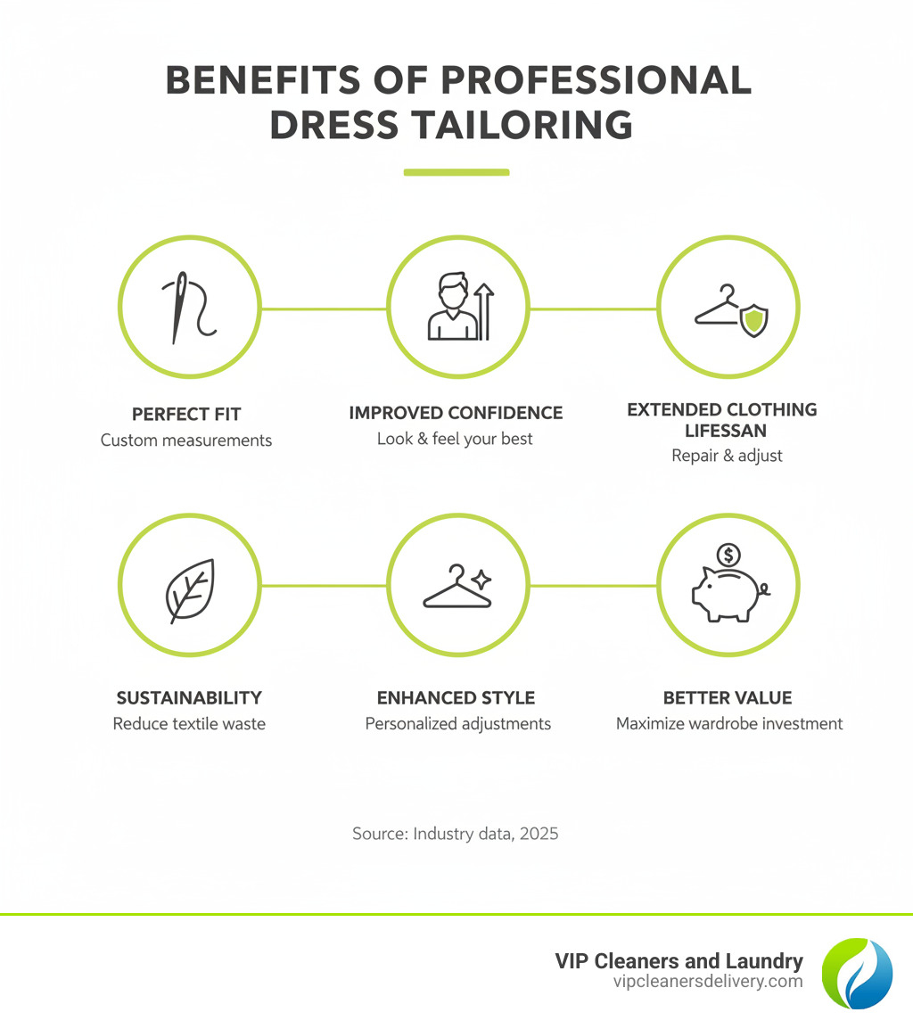 Infographic showing benefits of professional dress tailoring: Perfect Fit (custom measurements for your body), Improved Confidence (look and feel your best), Extended Clothing Lifespan (repair and adjust instead of replace), Sustainability (reduce textile waste), Enhanced Style (personalized adjustments for your preferences), and Better Value (maximize your wardrobe investment) - dress tailoring near me infographic Infographic showing benefits of professional dress tailoring: Perfect Fit (custom measurements for your body), Improved Confidence (look and feel your best), Extended Clothing Lifespan (repair and adjust instead of replace), Sustainability (reduce textile waste), Enhanced Style (personalized adjustments for your preferences), and Better Value (maximize your wardrobe investment) - dress tailoring near me infographic