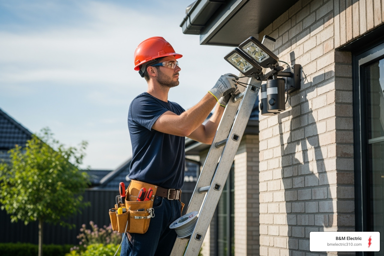 electrician safely wiring an outdoor security light fixture - security lighting wiring torrance