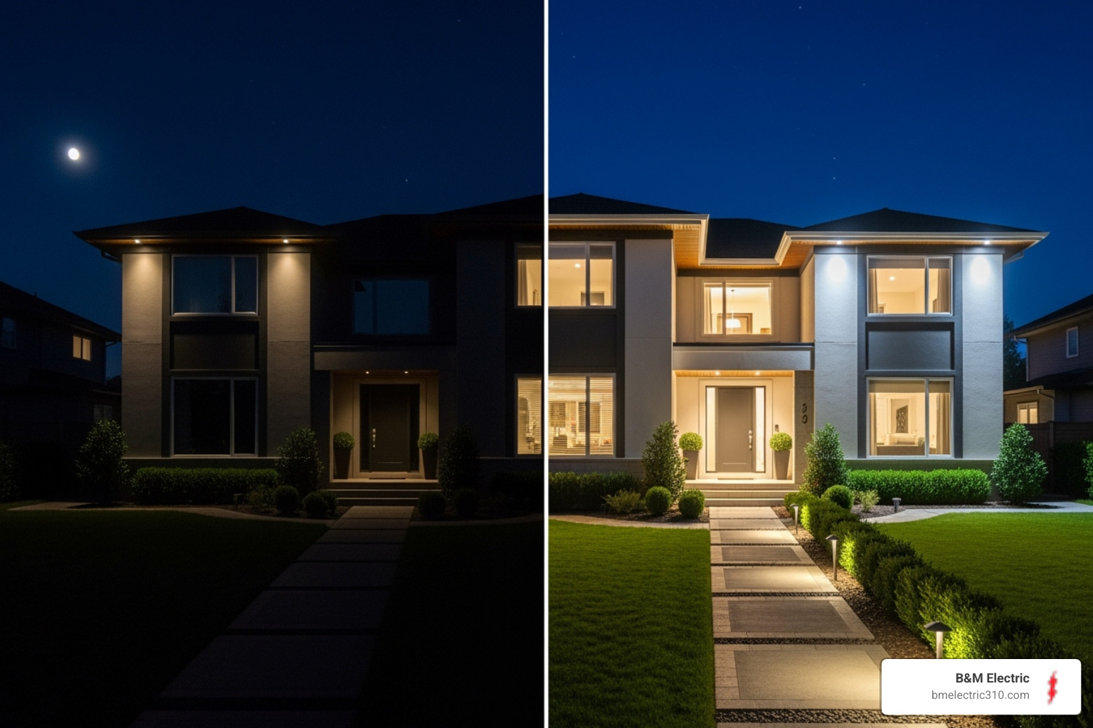 comparison of a dark property vs. a well-lit property - security lighting wiring torrance