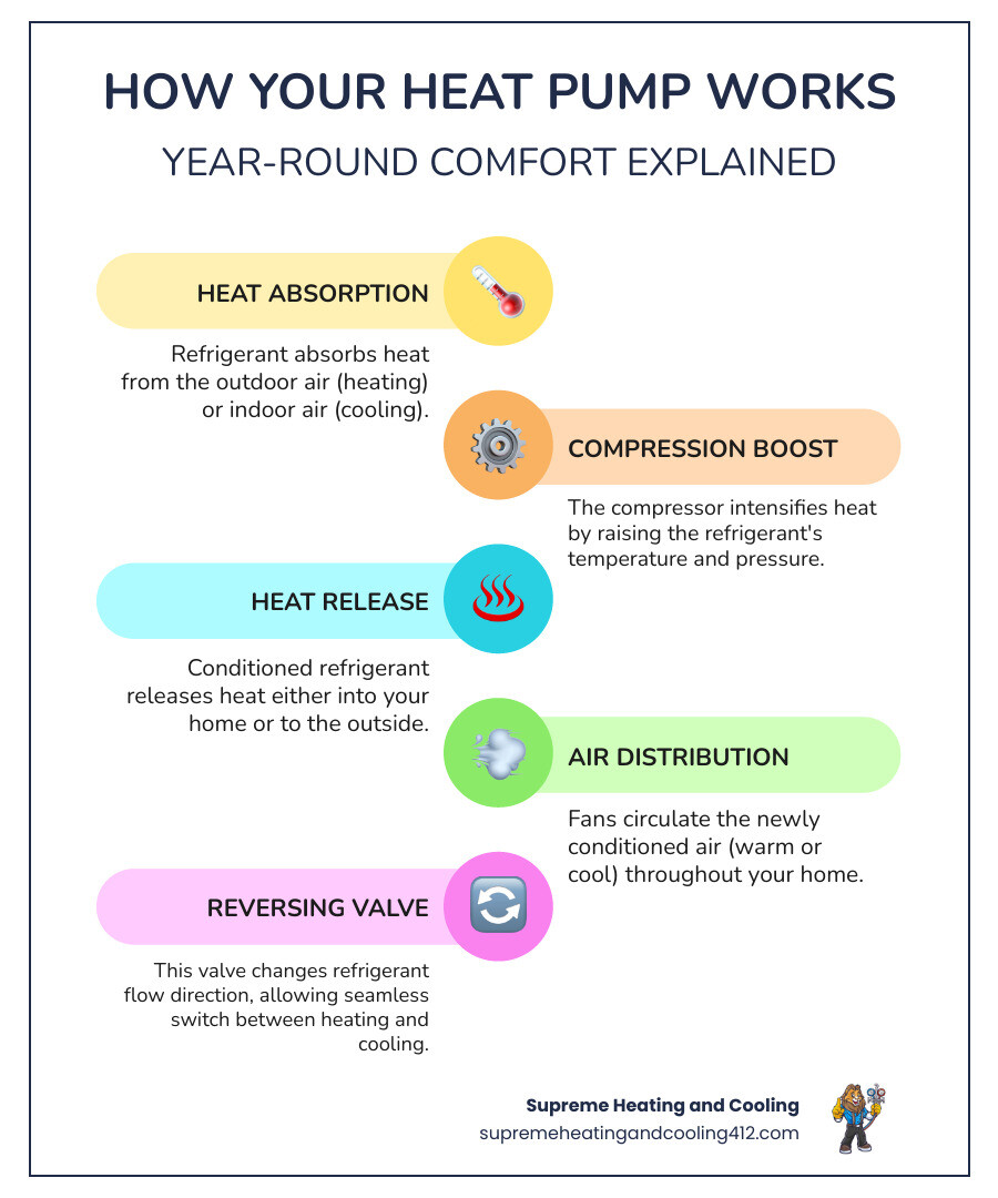 Infographic showing how a heat pump works in both heating and cooling modes, with arrows indicating refrigerant flow direction, outdoor and indoor units labeled, and reversing valve function highlighted for seasonal operation - 24/7 heat pump repair in aspinwall, pa infographic infographic-line-5-steps-colors