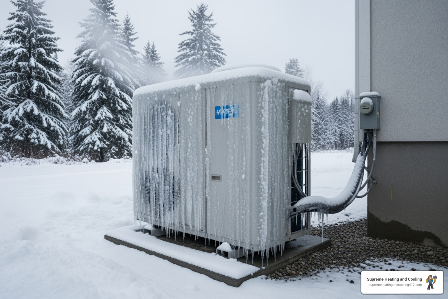 An outdoor heat pump unit completely covered in a thick layer of ice, with icicles hanging from the top and sides, indicating a severe malfunction in cold weather - 24/7 heat pump repair in aspinwall, pa