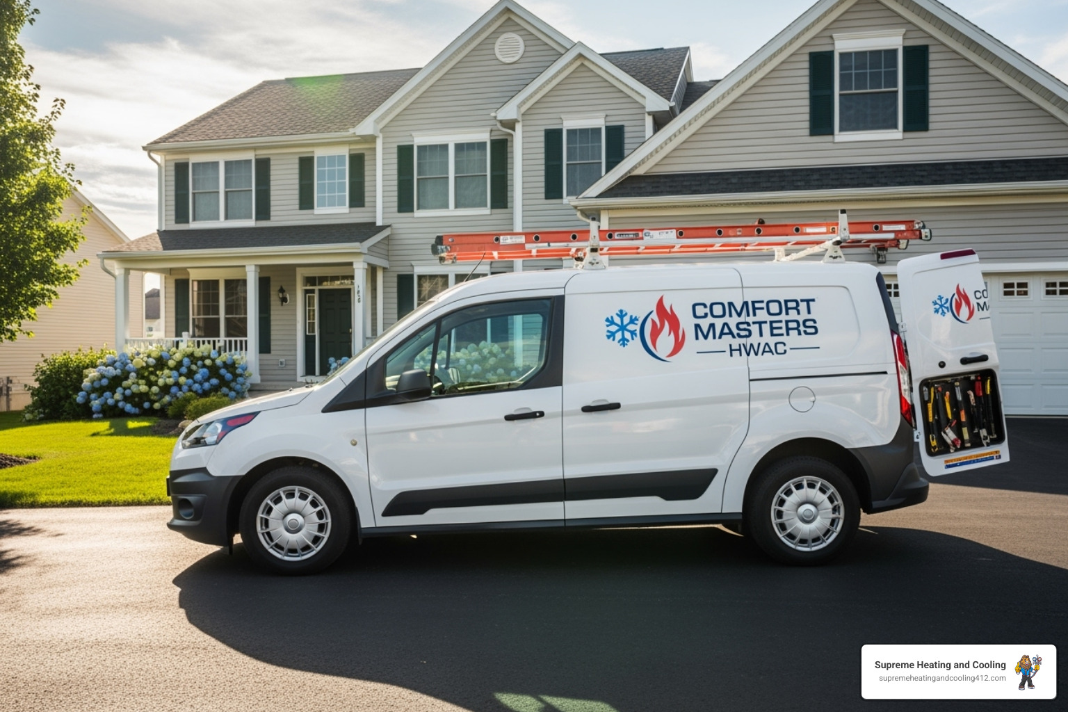 A professional HVAC technician's van, clearly branded with a company logo, parked in front of a residential home, ready for a service call - 24/7 heat pump repair in aspinwall, pa
