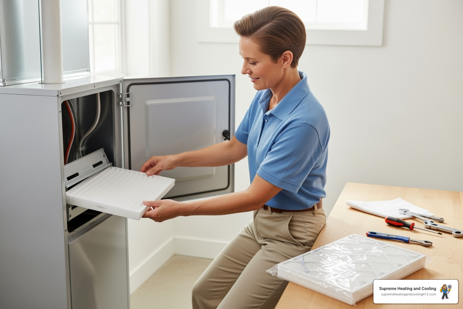 A homeowner in a brightly lit room is actively changing a clean, white air filter in their HVAC system, highlighting a simple yet crucial maintenance task - 24/7 heat pump repair in aspinwall, pa