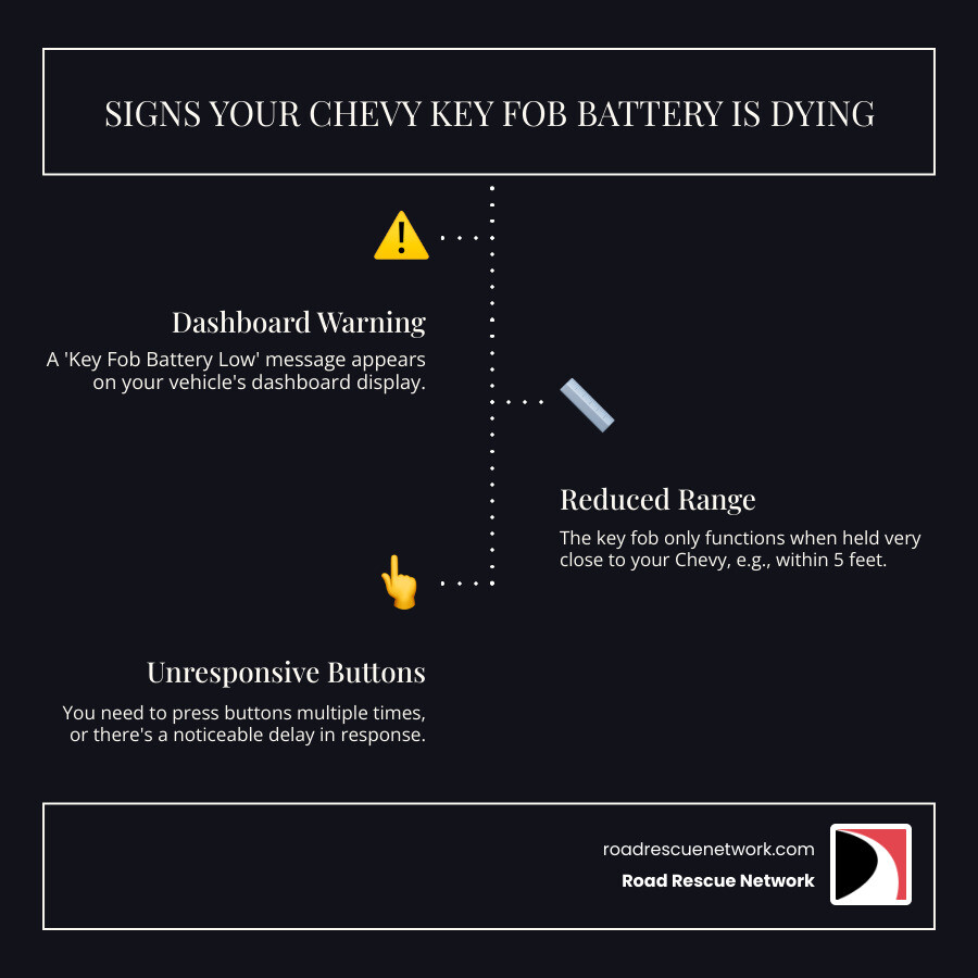 Infographic showing the three main signs your Chevy key fob battery is dying: a car dashboard with a "Key Fob Battery Low" warning light illuminated, a key fob only working when held within 5 feet of the vehicle (reduced range), and a hand pressing a key fob button multiple times with no response (unresponsive buttons). Each sign is illustrated with simple icons and brief text labels. - change battery in chevy key fob infographic infographic-line-3-steps-dark