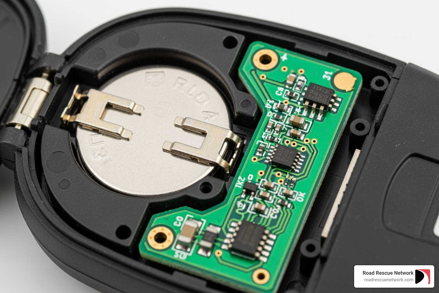 A close-up image of the inside of an open key fob, showing the circular battery compartment, the metal contacts, and the green circuit board underneath. - change battery in chevy key fob