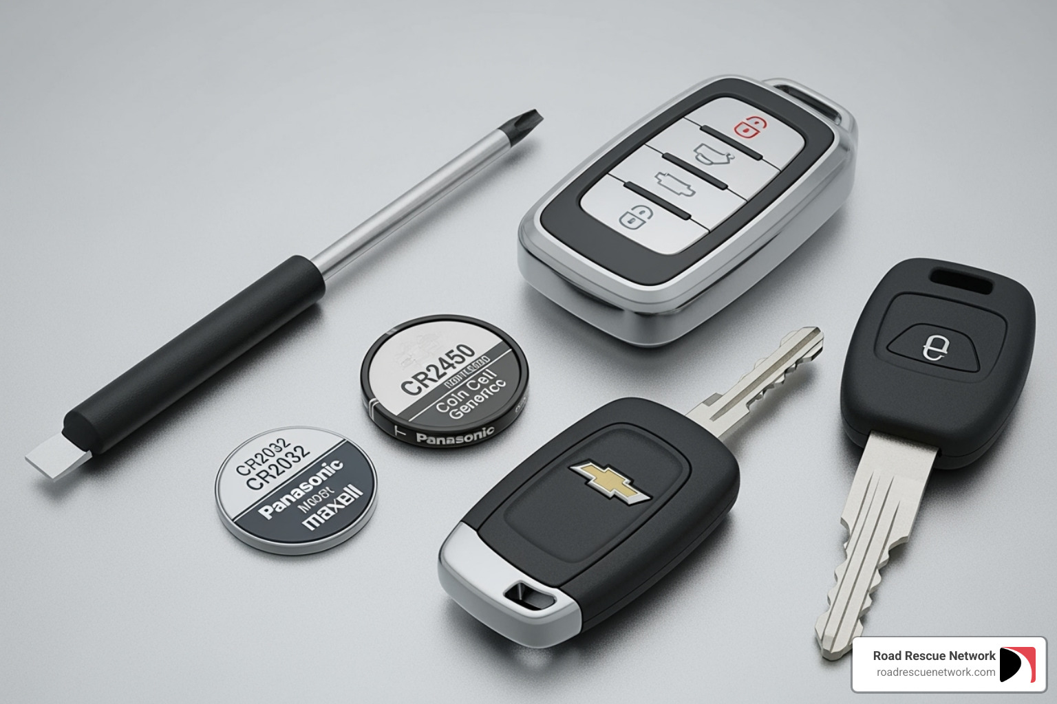 Items needed for changing a Chevy key fob battery, including a small flathead screwdriver, a new CR2032 battery, and a new CR2450 battery, all laid out next to various Chevy key fobs. - change battery in chevy key fob