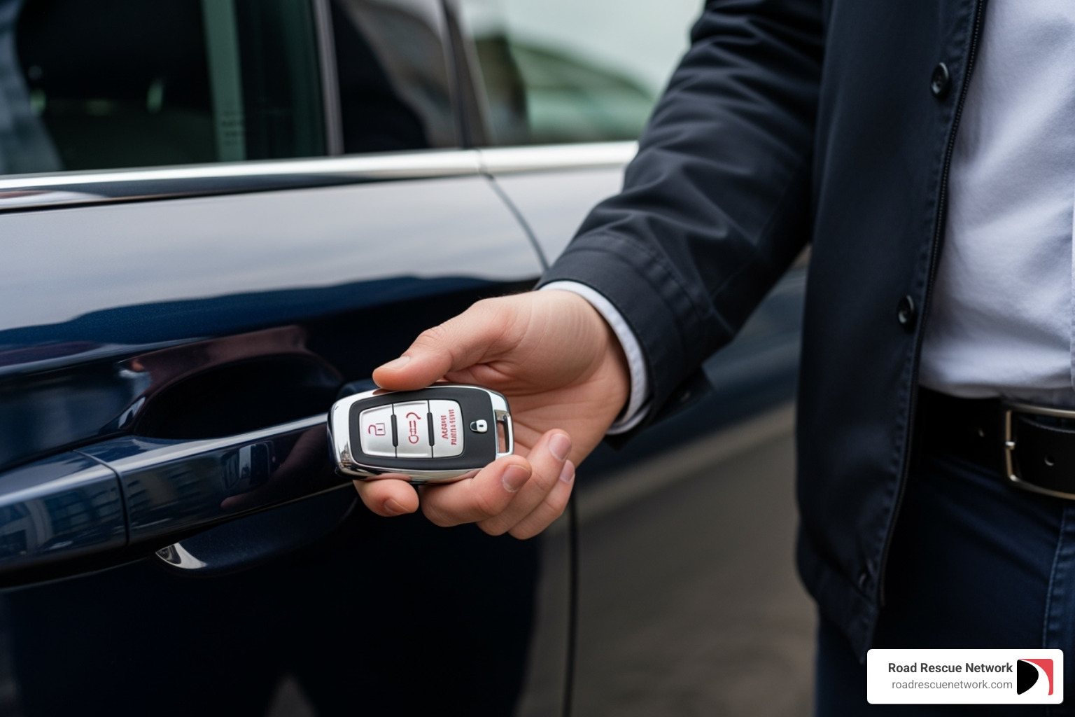 A person standing next to their car, holding their key fob and pressing a button to test it, with the car's door handle visible. - change battery in chevy key fob