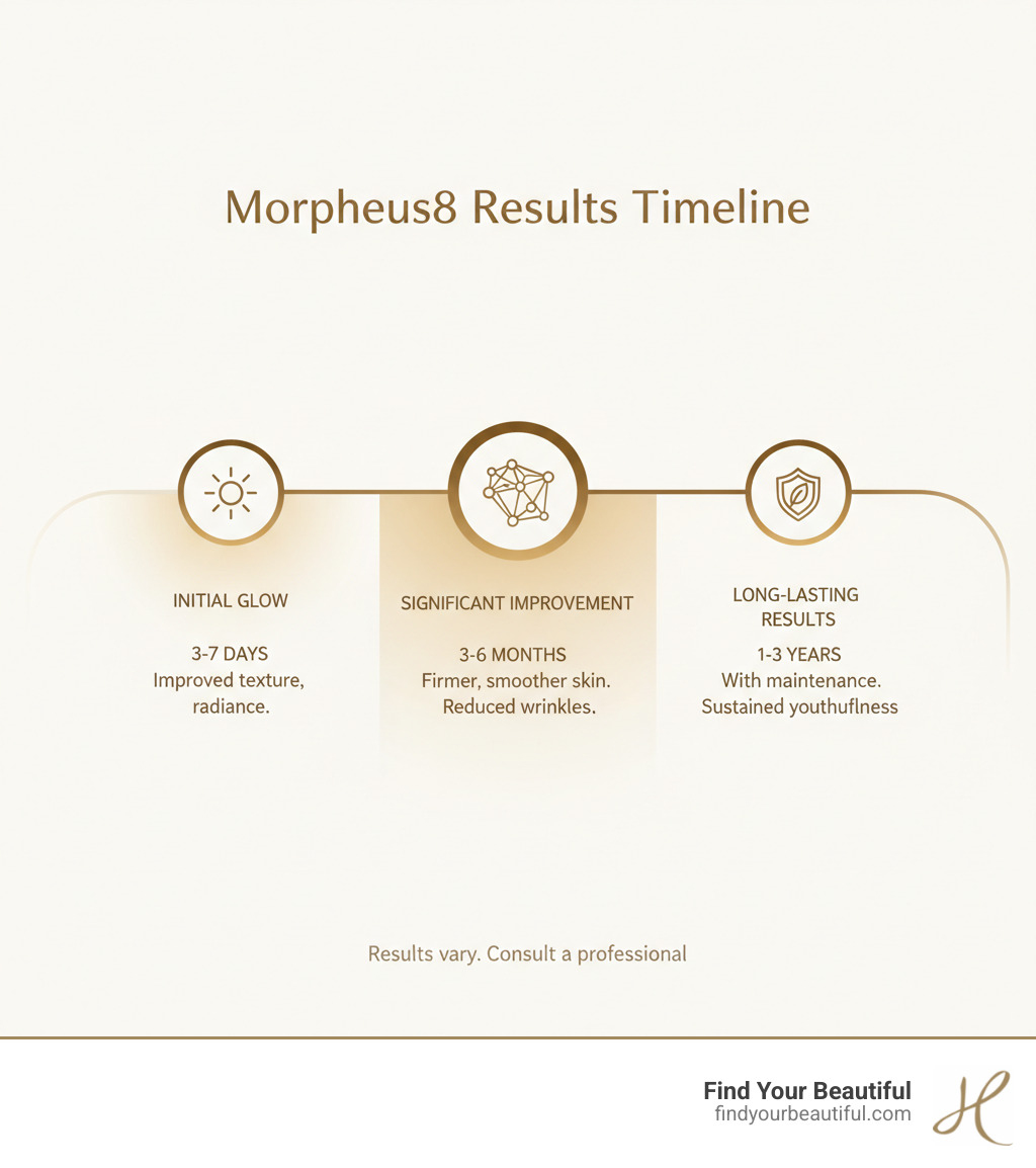 Infographic detailing the Morpheus8 results timeline, showing initial glow within days, significant improvement over 3-6 months as collagen rebuilds, and results lasting 1-3 years with maintenance - san antonio morpheus8 downtime infographic Infographic detailing the Morpheus8 results timeline, showing initial glow within days, significant improvement over 3-6 months as collagen rebuilds, and results lasting 1-3 years with maintenance - san antonio morpheus8 downtime infographic