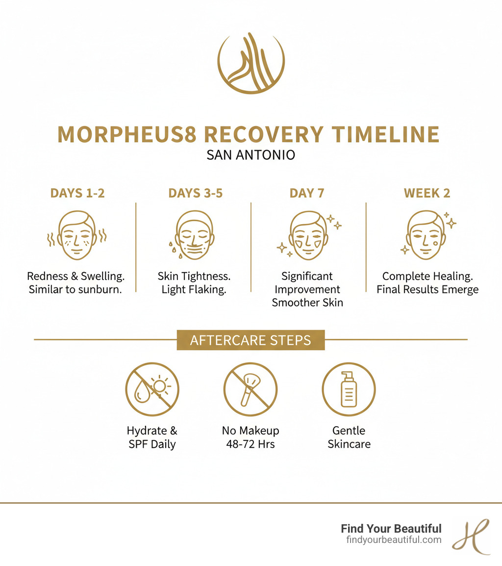 Detailed infographic showing the complete Morpheus8 recovery timeline from Day 1 through Week 2, including expected side effects like redness and swelling on Days 1-2, skin tightness and light flaking on Days 3-5, significant improvement by Day 7, and complete healing by Week 2, with icons for each milestone and recommended aftercare steps - san antonio morpheus8 downtime infographic Detailed infographic showing the complete Morpheus8 recovery timeline from Day 1 through Week 2, including expected side effects like redness and swelling on Days 1-2, skin tightness and light flaking on Days 3-5, significant improvement by Day 7, and complete healing by Week 2, with icons for each milestone and recommended aftercare steps - san antonio morpheus8 downtime infographic