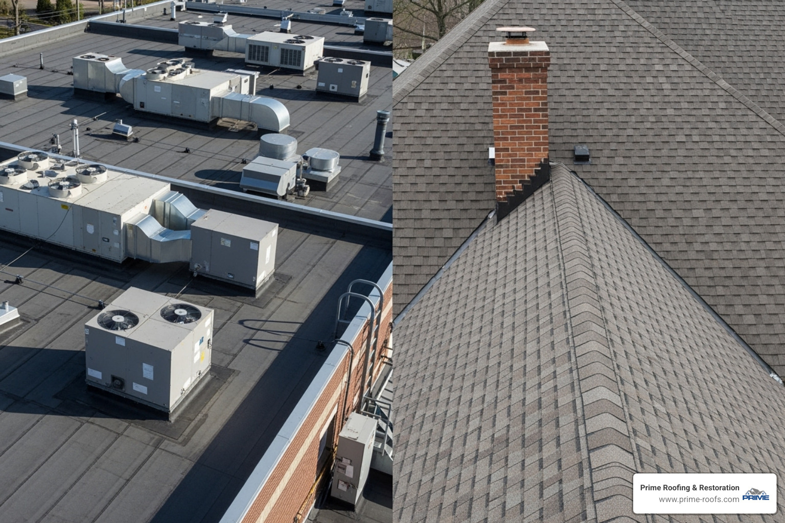 split-screen showing a low-slope commercial roof on one side and a steep-slope residential roof on the other - Commercial roofing services near me split-screen showing a low-slope commercial roof on one side and a steep-slope residential roof on the other - Commercial roofing services near me